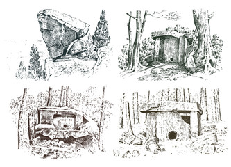 set ancient cave. prehistoric house of wood or stone rock with the remains of a man. forest landscape. habitat of pristine civilizations. close up. engraved hand drawn in old sketch, vintage style.