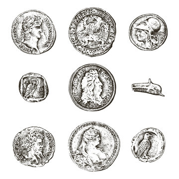set ancient coins or money. roman and greek cash reward. engraved hand drawn in old sketch, vintage style.
