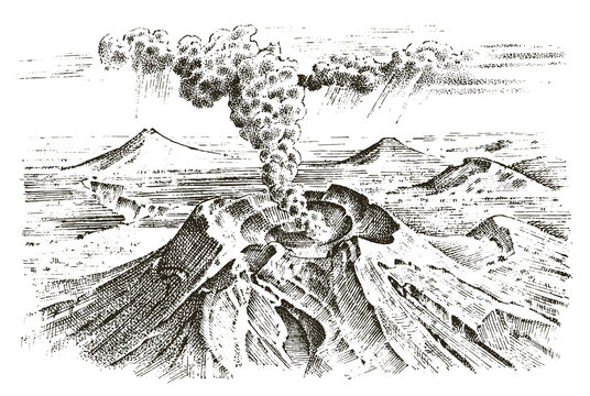 volcano activity with magma, smoke before the eruption and lava or nature disaster. for travel, adventure. mountain landscapes. engraved hand drawn in old sketch, vintage style.