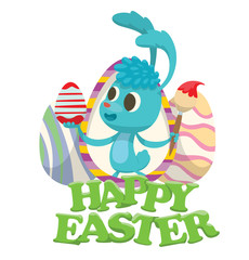 Vector Easter card with big colorful Easter eggs, green words "Happy Easter" and with cartoon image of blue Easter bunny in the center with colorful Easter egg and brush in paws on a white background