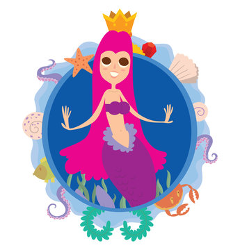 Vector image of a blue round frame with marine symbols: shells, tentacles, crab, fish, algae and golden crown with cartoon image of a cute mermaid with pink long hair in center on a white background.