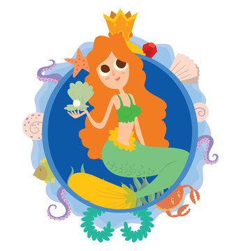 Vector image of a blue round frame with marine symbols: shells, tentacles, crab, fish, algae and golden crown with cartoon image of cute mermaid with ginger long hair in center on a white background.