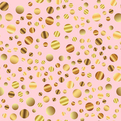 Golden dots seamless pattern on pink background. Glamorous gradient golden dots endless random scattered confetti on pink background. Confetti fall chaotic decor. Modern creative pattern.