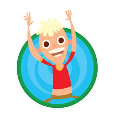 Vector image of a round green-blue frame with cartoon image of a funny boy with big eyes, with blond curly hair in brown shorts and red shirt jumping and smiling on a white background.