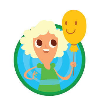 Vector image of a round green-blue frame with cartoon image of funny girl with big eyes with blonde curly hair in green dress and with yellow balloon with smiley face in her hand on a white background