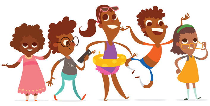 Vector cartoon image of a set of funny black little boys and girls in different clothes and in different poses on a white background. Summer, holidays. Vector illustration.
