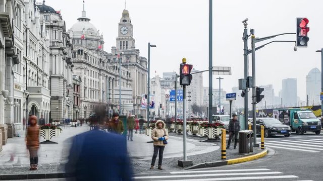 Timelapse.Waitan Bund with Traffic Stream,Shanghai,China