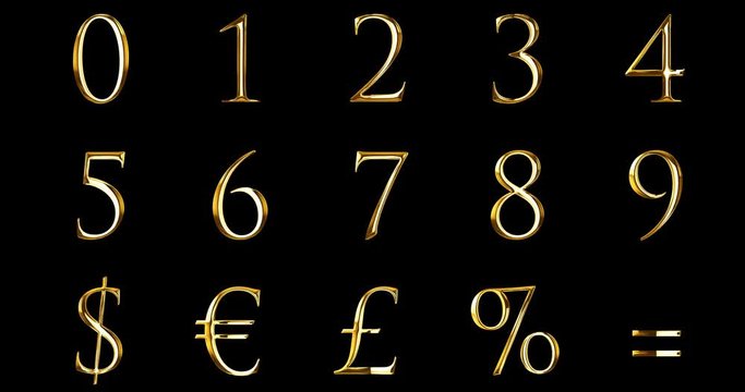vintage font yellow gold metallic numeric letters word text series with dollar, percent, symbol sign on black background, concept of golden luxury number decoration text