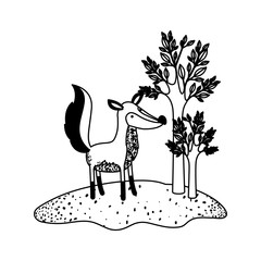 fox cartoon next to the trees in black sections silhouette vector illustration