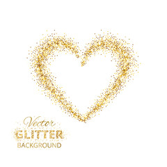Golden glitter heart frame with space for text. Vector golden dust isolated on white.
