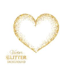 Golden glitter heart frame with space for text. Vector golden dust isolated on white.
