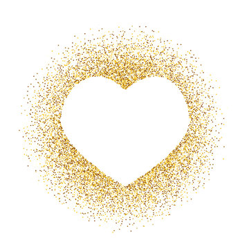Golden glitter heart frame with space for text. Vector golden dust isolated on white.