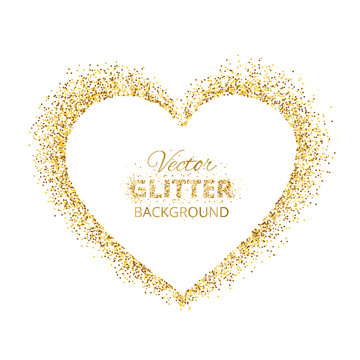 Golden glitter heart frame with space for text. Vector golden dust isolated on white.