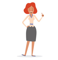 Vector cartoon image of a business woman with ginger hair in a gray skirt and light pink blouse showing the index finger and smiling on a white background. Business illustration. Vector illustration.