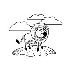 lion cartoon in outdoor scene with clouds in black sections silhouette vector illustration