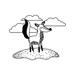 fox cartoon in outdoor scene with clouds in black sections silhouette vector illustration