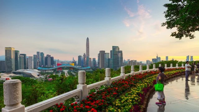 sunset time shenzhen famous lianhuashan park viewpoint cityscape panorama 4k timelapse china
