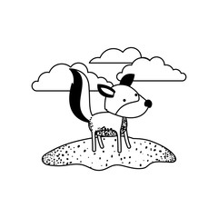 wolf cartoon in outdoor scene with clouds in black sections silhouette vector illustration