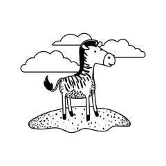 zebra cartoon in outdoor scene with clouds in black sections silhouette vector illustration