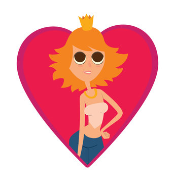 Vector image of a red frame in the form of a heart symbol with a cartoon image of modern princess with ginger hair in a blue shorts, short pink tank top and gold crown on white background.