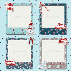 A Merry Christmas photograph frames set scrapbook design image, gift item with text, snowman, Christmas tree, bobble hat, cake, decorated scrapbook, photo book, celebration, season greeting.