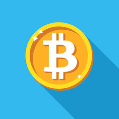 Bitcoin coin icon, vector sign payment symbol. Crypto currency, virtual electronik, internet money. Bitcoin embleme isolated on blue. Cryptocurrency e-commerce concept. Color Flat design for web site