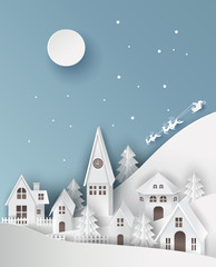 Obraz na płótnie Canvas paper art landscape of christmas and happy new year with tree and house design. vector illustration