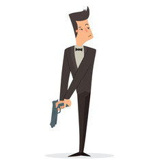 Vector cartoon image of a funny super agent with black hair in a black tuxedo, white shirt and black bow tie with a gray gun in his hand standing on a white background. Vector illustration.