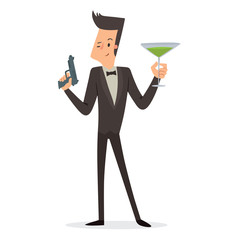 Vector cartoon image of a funny super agent with black hair in a black tuxedo, white shirt and black bow tie with a gun and green cocktail in hands standing on a white background. Vector illustration.