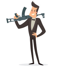 Vector cartoon image of a funny super agent with black hair in a black tuxedo, white shirt and black bow tie with a gray machine gun in his hand standing on a white background. Vector illustration.