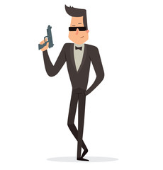Vector cartoon image of a funny super agent with black hair in a black tuxedo, white shirt and black bow tie, in sunglasses with a gray gun in hand standing on a white background. Vector illustration.