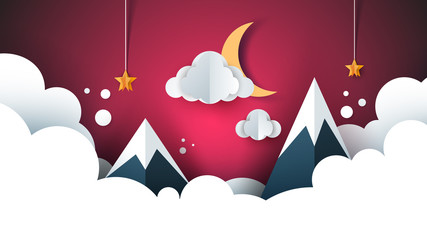cartoon paper landscape. Mountain, cloud, moon, star.