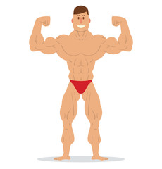Vector cartoon image of a muscular man with brown hair in red swimming trunks standing in the pose of a bodybuilder and smiling on a white background. Sports, bodybuilding coach. Vector illustration.