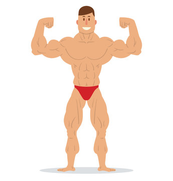 Vector cartoon image of a muscular man with brown hair in red swimming trunks standing in the pose of a bodybuilder and smiling on a white background. Sports, bodybuilding coach. Vector illustration.