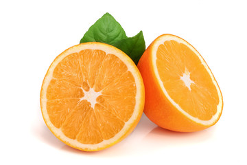 Orange half slice with leaf isolated on the white background