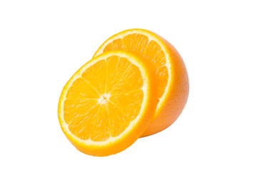 a ripe orange is cut in half and one lobule on it, on a white background