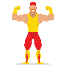 Vector cartoon image of a wrestler in a red bandana, red pants and yellow t-shirt, boots and gloves standing in a pose bodybuilder on a white background. Wrestling. Flat image. Vector illustration.