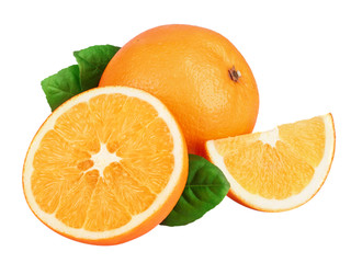 Orange with slice and leaf isolated on the white background