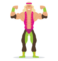Vector cartoon image of a wrestler with long blond hair in a black-green pants, pink vest and green shoes standing in the pose of a bodybuilder on a white background. Wrestling. Vector illustration.