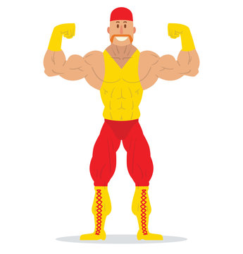 Vector cartoon image of a wrestler in a red bandana, red pants and yellow t-shirt, boots and gloves standing in a pose bodybuilder on a white background. Wrestling. Flat image. Vector illustration.