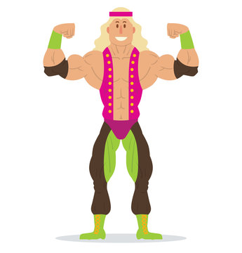 Vector cartoon image of a wrestler with long blond hair in a black-green pants, pink vest and green shoes standing in the pose of a bodybuilder on a white background. Wrestling. Vector illustration.