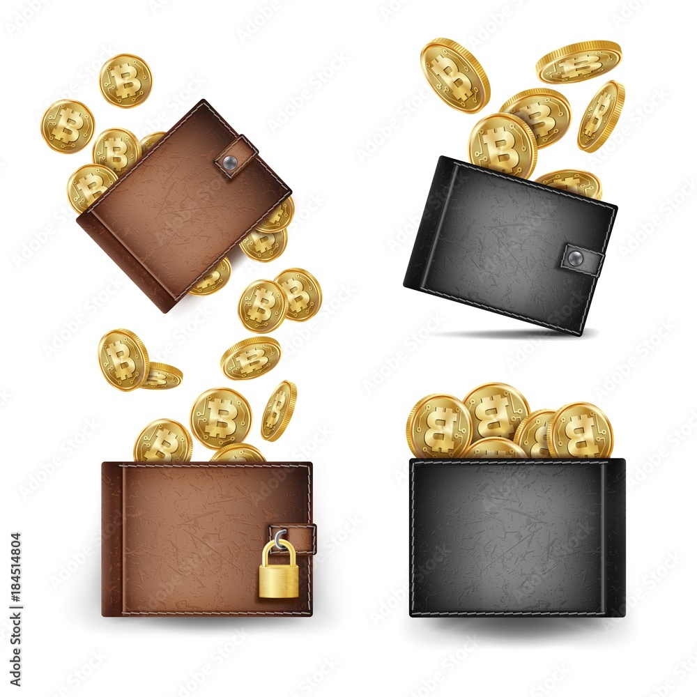 Poster bitcoin wallet set vector. bitcoin gold coins. realistic 3d brown and black bitcoin wallet. money fr