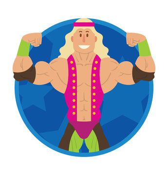 Vector image of a round blue frame with cartoon image of a wrestler with blond hair in black-green pants and pink vest in the center on a white background. Wrestling. Flat image. Vector illustrations.