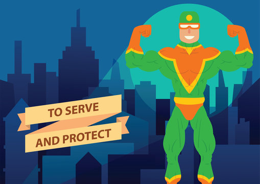 Vector cartoon image of a man superhero. Superhero in orange-green mask in a green-orange suit. Superhero standing on the background of night city. Banner. Vector illustration of a man superhero.