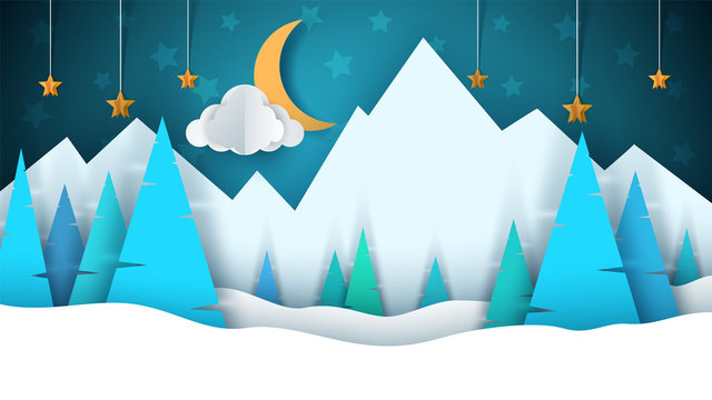 Winter cartoon paper landscape. Merry christmas, happy new year. Fir, moon, cloud, star, mountain, snow.