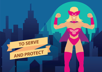 Vector cartoon image of a woman superhero. Superhero in a pink mask, pink suit and purple coat. Superhero standing on the background of night city. Banner. Vector illustration of a woman superhero.