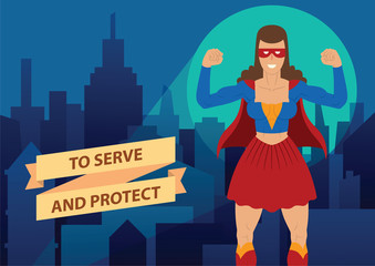 Vector cartoon image of a woman superhero. Superhero with brown hair, in red mask and red-blue suit. Superhero standing on the background of night city. Banner. Vector illustration of woman superhero.