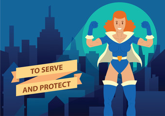 Vector cartoon image of a woman superhero. Superhero with ginger hair, in a blue suit and white coat. Superhero standing on the background of night city. Banner. Vector illustration of woman superhero