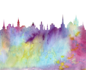 water color silhouette of european city