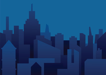 Vector image of a background of night city. Night city in dark blue tones. Flat style. Silhouettes of buildings on a dark blue night background. Vector illustration of night city background.